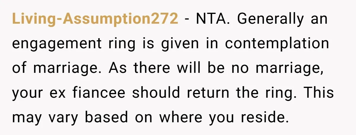 Living-Assumption272 − NTA. Generally an engagement ring is given in contemplation of marriage. As there will be no marriage, your ex fiancee should return the ring. This may vary based...