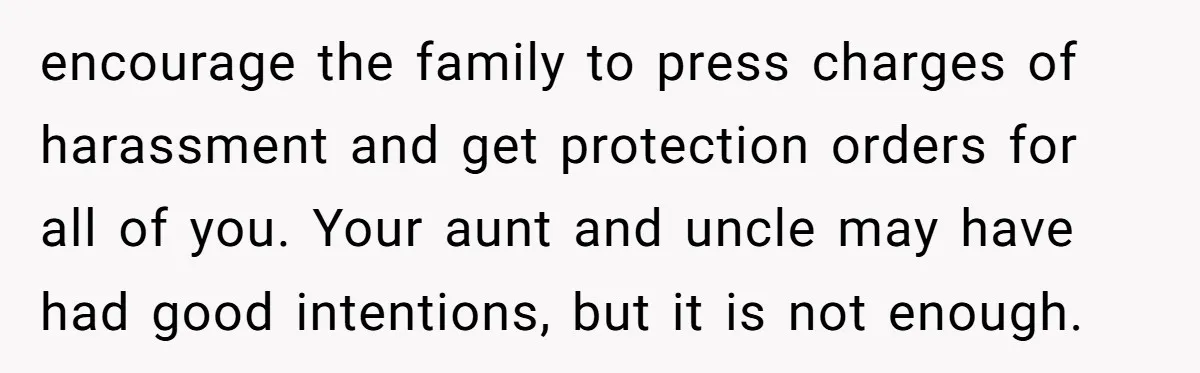 encourage the family to press charges of harassment and get protection orders for all of you. Your aunt and uncle may have had good intentions, but it is not enough.