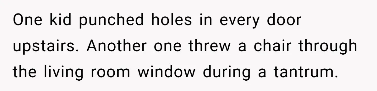 One kid punched holes in every door upstairs. Another one threw a chair through the living room window during a tantrum.