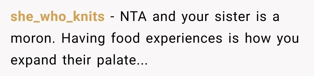 she_who_knits − NTA and your sister is a moron. Having food experiences is how you expand their palate...