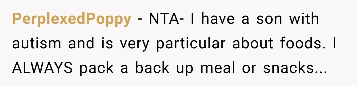 PerplexedPoppy − NTA- I have a son with autism and is very particular about foods. I ALWAYS pack a back up meal or snacks...