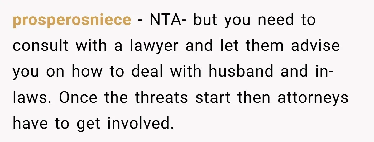prosperosniece − NTA- but you need to consult with a lawyer and let them advise you on how to deal with husband and in-laws. Once the threats start then attorneys...