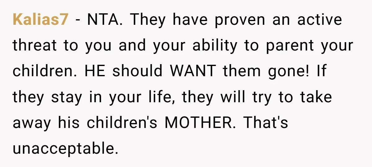 Kalias7 − NTA. They have proven an active threat to you and your ability to parent your children. HE should WANT them gone! If they stay in your life, they...