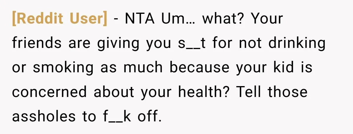 [Reddit User] − NTA Um… what? Your friends are giving you s__t for not drinking or smoking as much because your kid is concerned about your health? Tell those assholes...