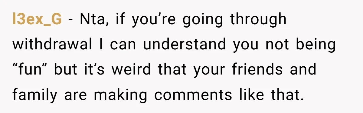 l3ex_G − Nta, if you’re going through withdrawal I can understand you not being “fun” but it’s weird that your friends and family are making comments like that.