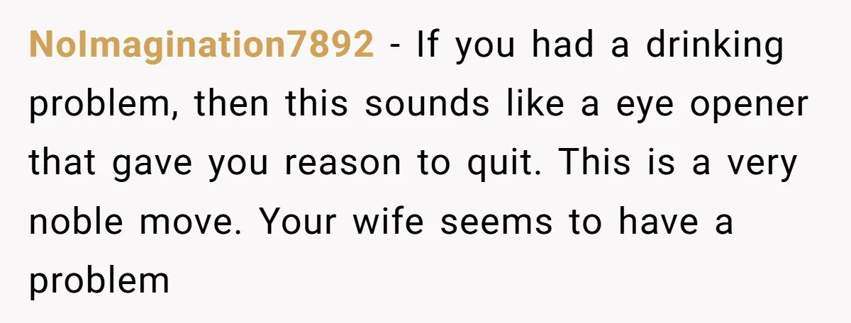 NoImagination7892 − If you had a drinking problem, then this sounds like a eye opener that gave you reason to quit. This is a very noble move. Your wife seems...