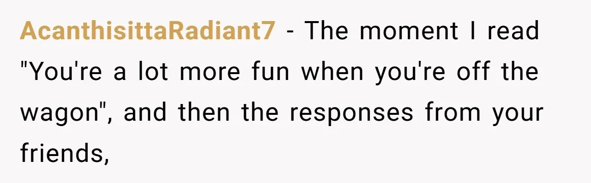 AcanthisittaRadiant7 − The moment I read "You're a lot more fun when you're off the wagon", and then the responses from your friends,