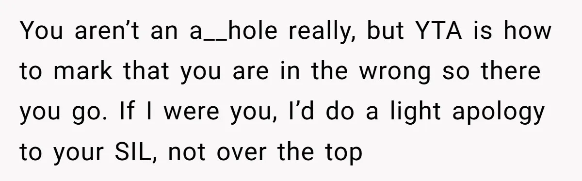 You aren’t an a__hole really, but YTA is how to mark that you are in the wrong so there you go. If I were you, I’d do a light apology...