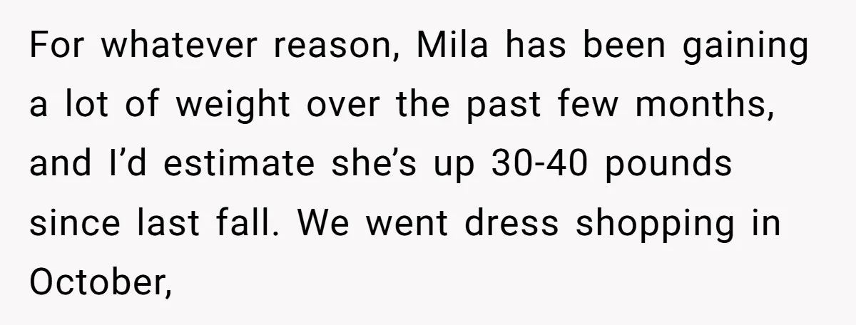 For whatever reason, Mila has been gaining a lot of weight over the past few months, and I’d estimate she’s up 30-40 pounds since last fall. We went dress shopping...