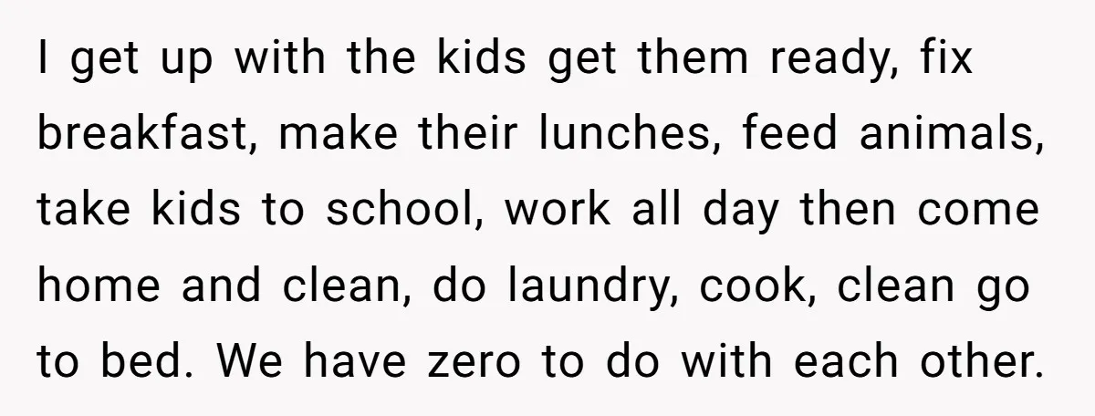 I get up with the kids get them ready, fix breakfast, make their lunches, feed animals, take kids to school, work all day then come home and clean, do laundry,...