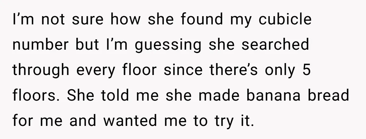 I’m not sure how she found my cubicle number but I’m guessing she searched through every floor since there’s only 5 floors. She told me she made banana bread for...