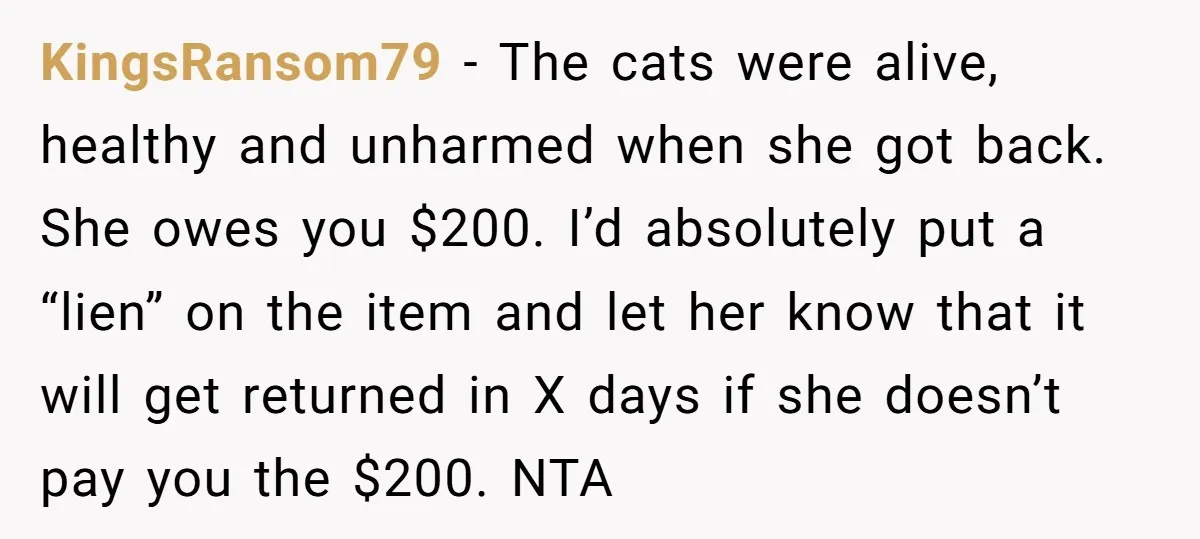 KingsRansom79 − The cats were alive, healthy and unharmed when she got back. She owes you $200. I’d absolutely put a “lien” on the item and let her know that...