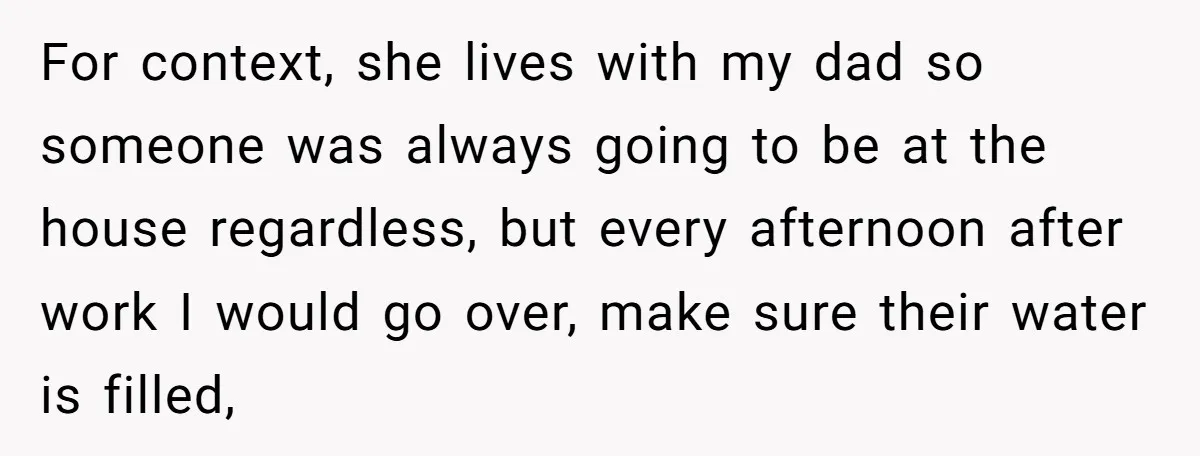 For context, she lives with my dad so someone was always going to be at the house regardless, but every afternoon after work I would go over, make sure their...