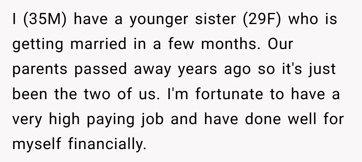 I (35M) have a younger sister (29F) who is getting married in a few months. Our parents passed away years ago so it's just been the two of us. I'm...