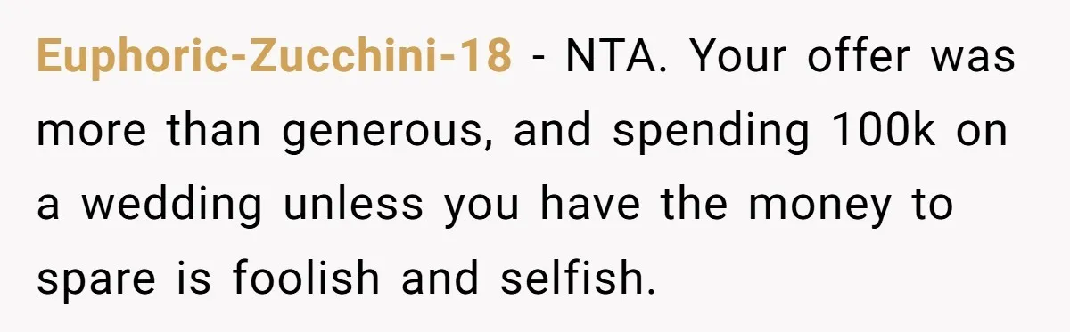 Euphoric-Zucchini-18 − NTA. Your offer was more than generous, and spending 100k on a wedding unless you have the money to spare is foolish and selfish.