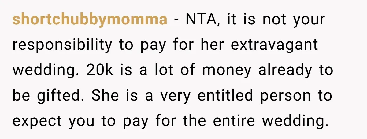 shortchubbymomma − NTA, it is not your responsibility to pay for her extravagant wedding. 20k is a lot of money already to be gifted. She is a very entitled person...