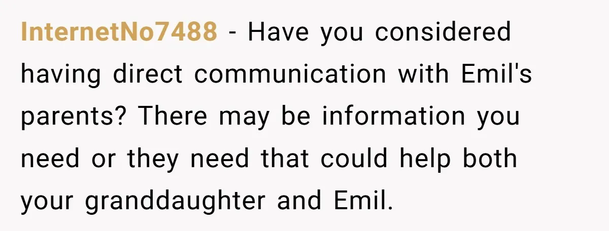 InternetNo7488 − Have you considered having direct communication with Emil's parents? There may be information you need or they need that could help both your granddaughter and Emil.