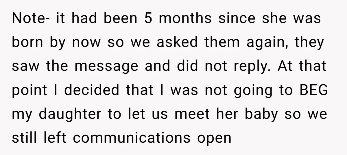 Note- it had been 5 months since she was born by now so we asked them again, they saw the message and did not reply. At that point I decided...