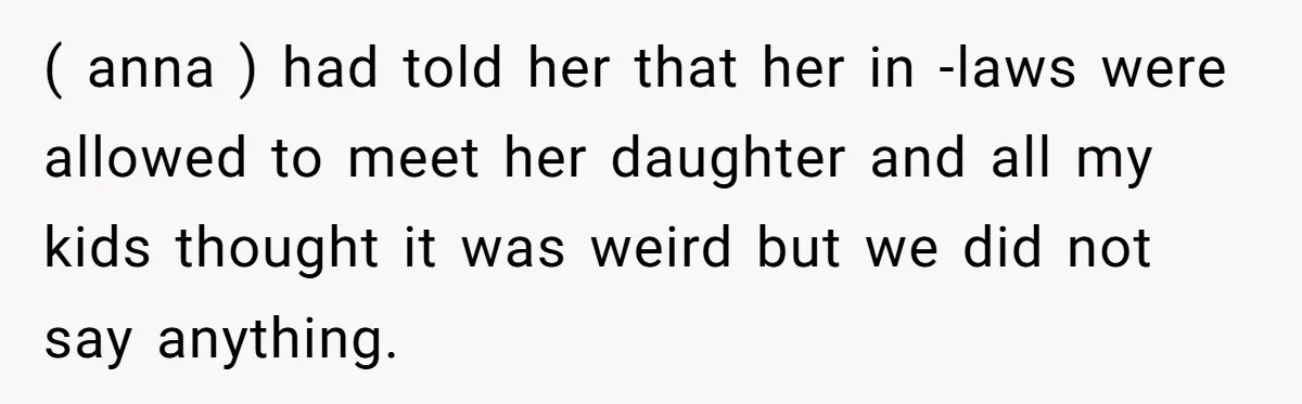 ( anna ) had told her that her in -laws were allowed to meet her daughter and all my kids thought it was weird but we did not say anything.