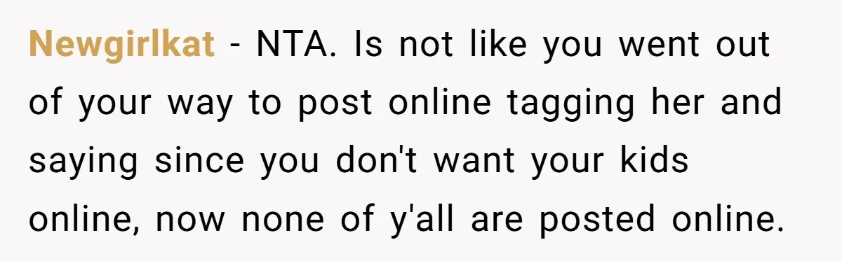 Newgirlkat − NTA. Is not like you went out of your way to post online tagging her and saying since you don't want your kids online, now none of y'all...