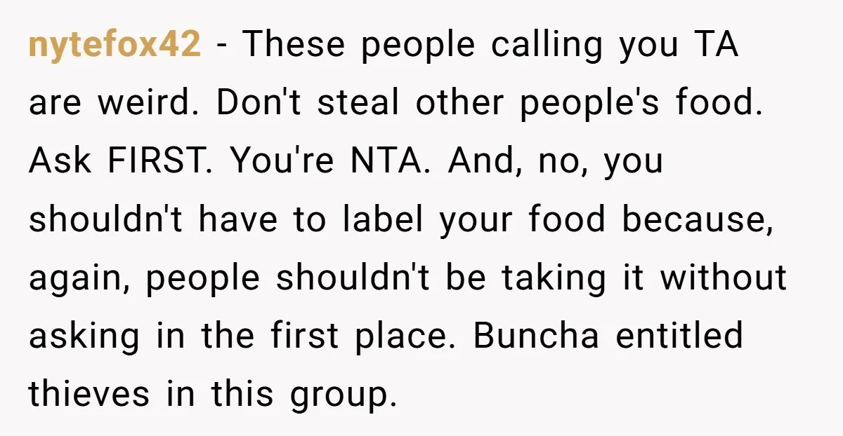 nytefox42 − These people calling you TA are weird. Don't steal other people's food. Ask FIRST. You're NTA. And, no, you shouldn't have to label your food because, again, people...