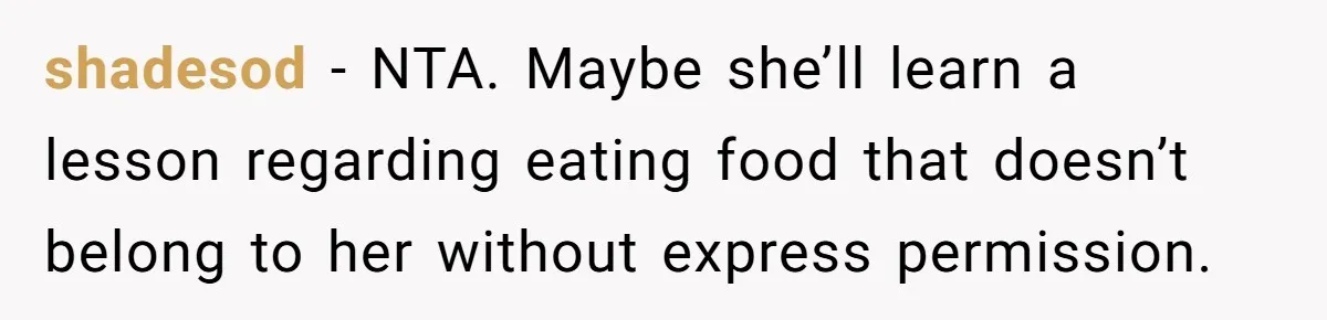 shadesod − NTA. Maybe she’ll learn a lesson regarding eating food that doesn’t belong to her without express permission.