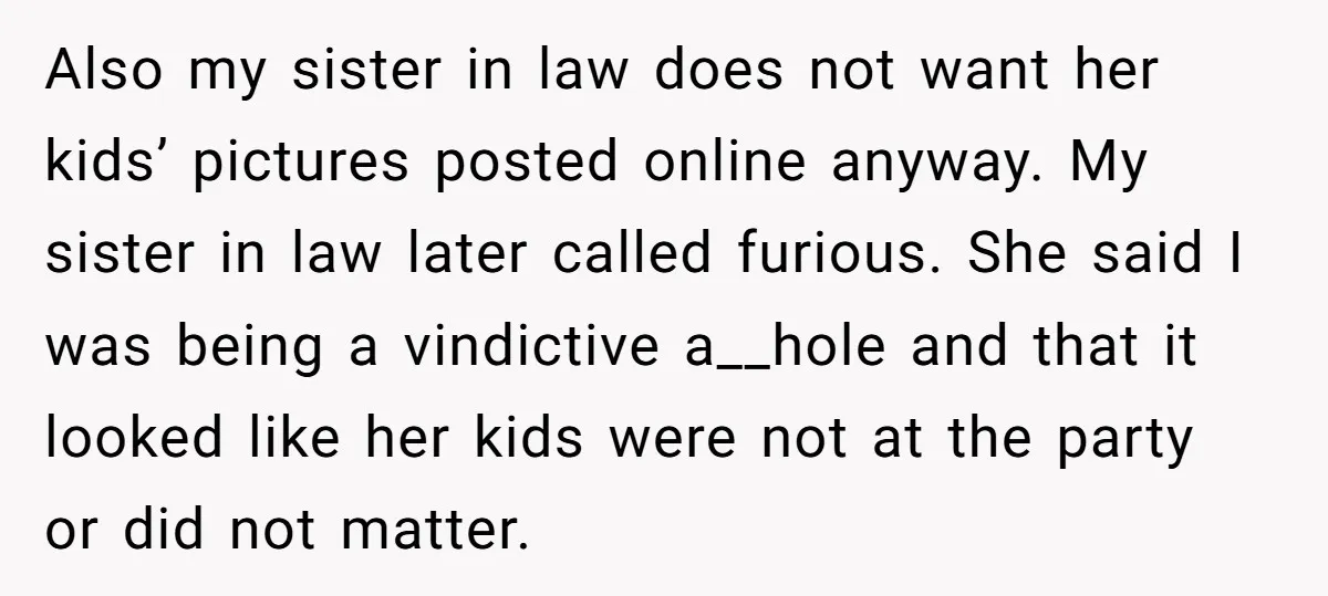 Also my sister in law does not want her kids’ pictures posted online anyway. My sister in law later called furious. She said I was being a vindictive a__hole and...