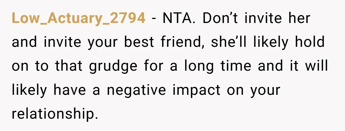 Low_Actuary_2794 − NTA. Don’t invite her and invite your best friend, she’ll likely hold on to that grudge for a long time and it will likely have a negative impact...