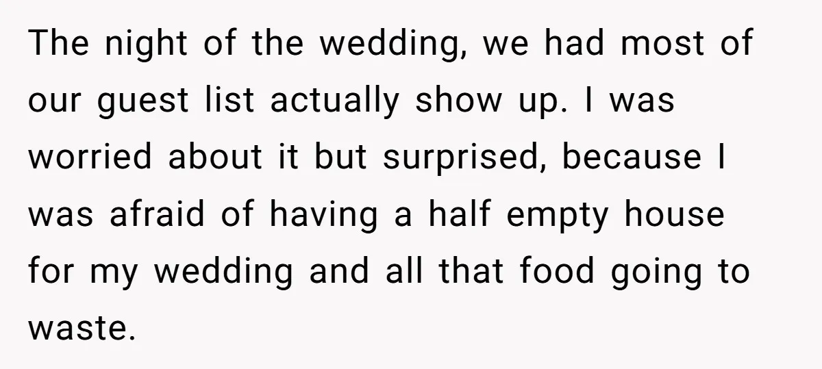 The night of the wedding, we had most of our guest list actually show up. I was worried about it but surprised, because I was afraid of having a half...