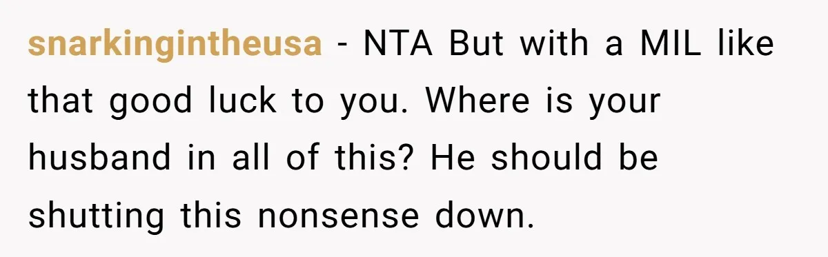 snarkingintheusa − NTA But with a MIL like that good luck to you. Where is your husband in all of this? He should be shutting this nonsense down.