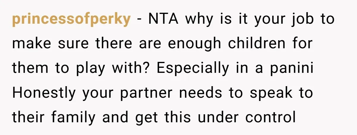 princessofperky − NTA why is it your job to make sure there are enough children for them to play with? Especially in a panini Honestly your partner needs to speak...
