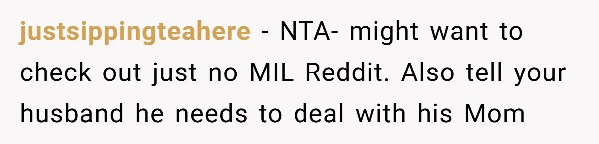 justsippingteahere − NTA- might want to check out just no MIL Reddit. Also tell your husband he needs to deal with his Mom