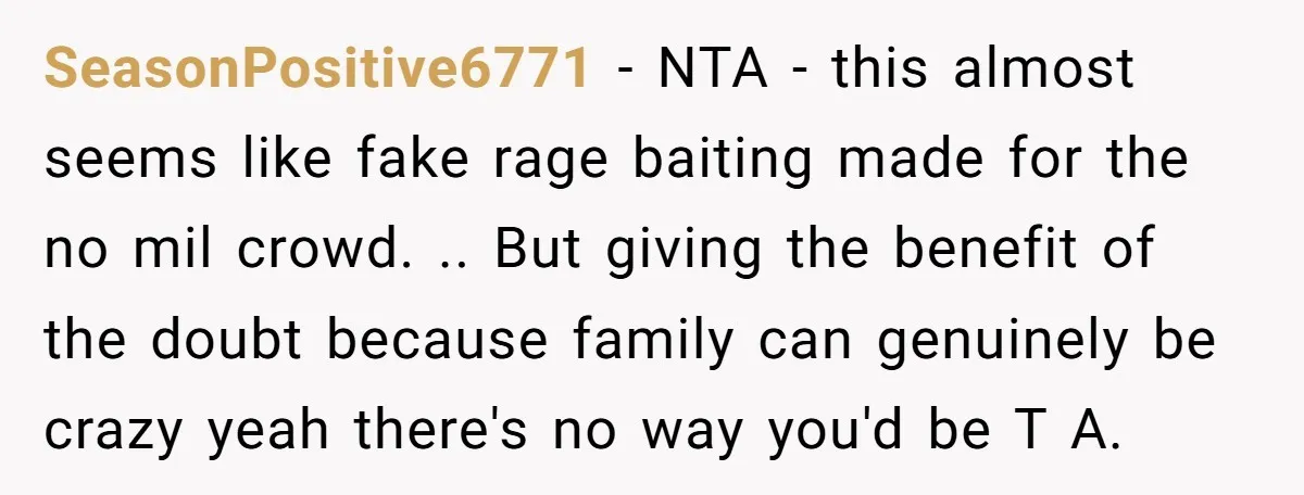 SeasonPositive6771 − NTA - this almost seems like fake rage baiting made for the no mil crowd. .. But giving the benefit of the doubt because family can genuinely be...