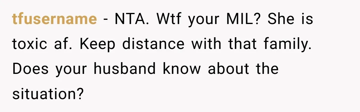 tfusername − NTA. Wtf your MIL? She is toxic af. Keep distance with that family. Does your husband know about the situation?