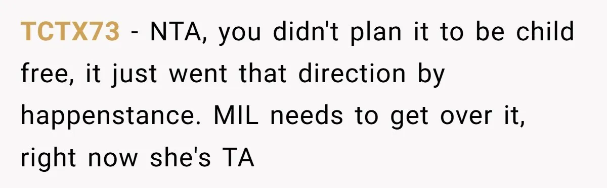 TCTX73 − NTA, you didn't plan it to be child free, it just went that direction by happenstance. MIL needs to get over it, right now she's TA