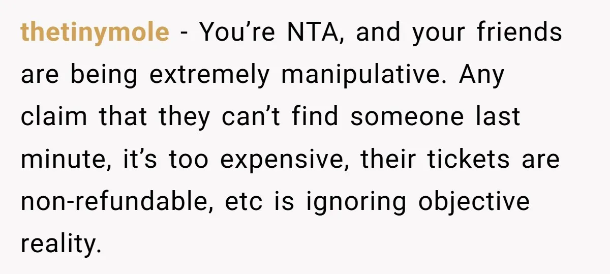 thetinymole − You’re NTA, and your friends are being extremely manipulative. Any claim that they can’t find someone last minute, it’s too expensive, their tickets are non-refundable, etc is ignoring...