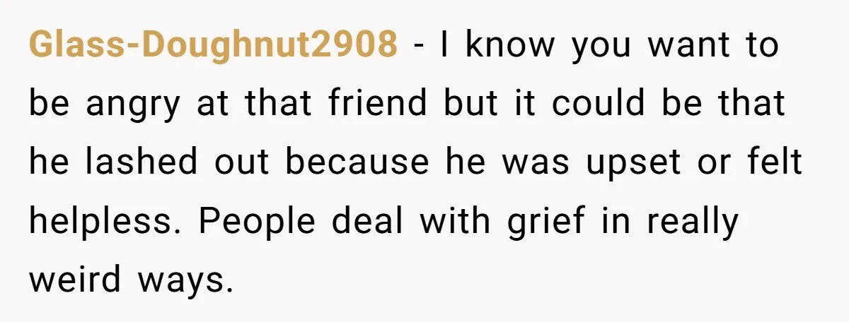 Glass-Doughnut2908 − I know you want to be angry at that friend but it could be that he lashed out because he was upset or felt helpless. People deal with...