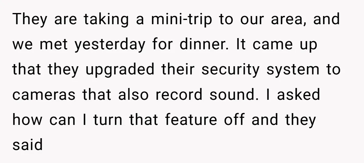They are taking a mini-trip to our area, and we met yesterday for dinner. It came up that they upgraded their security system to cameras that also record sound. I...