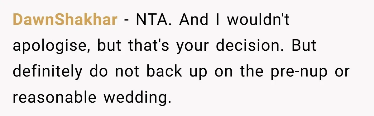 DawnShakhar − NTA. And I wouldn't apologise, but that's your decision. But definitely do not back up on the pre-nup or reasonable wedding.