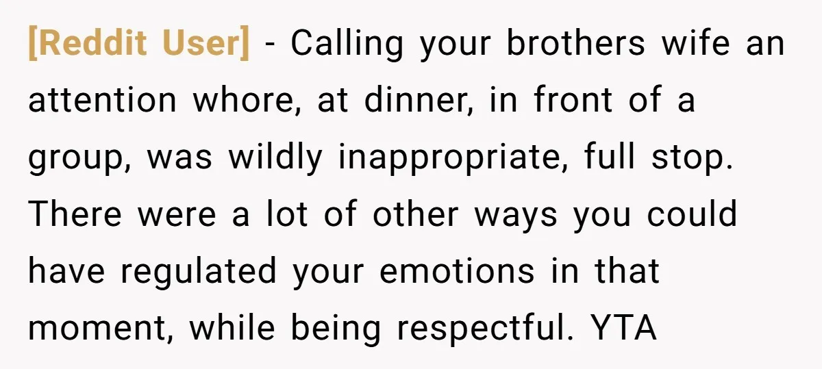 [Reddit User] − Calling your brothers wife an attention whore, at dinner, in front of a group, was wildly inappropriate, full stop. There were a lot of other ways you...