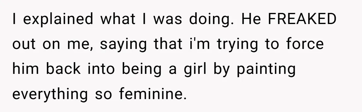 I explained what I was doing. He FREAKED out on me, saying that i'm trying to force him back into being a girl by painting everything so feminine.