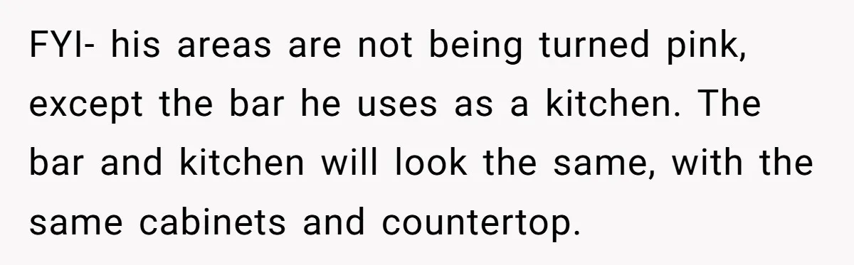 FYI- his areas are not being turned pink, except the bar he uses as a kitchen. The bar and kitchen will look the same, with the same cabinets and countertop.