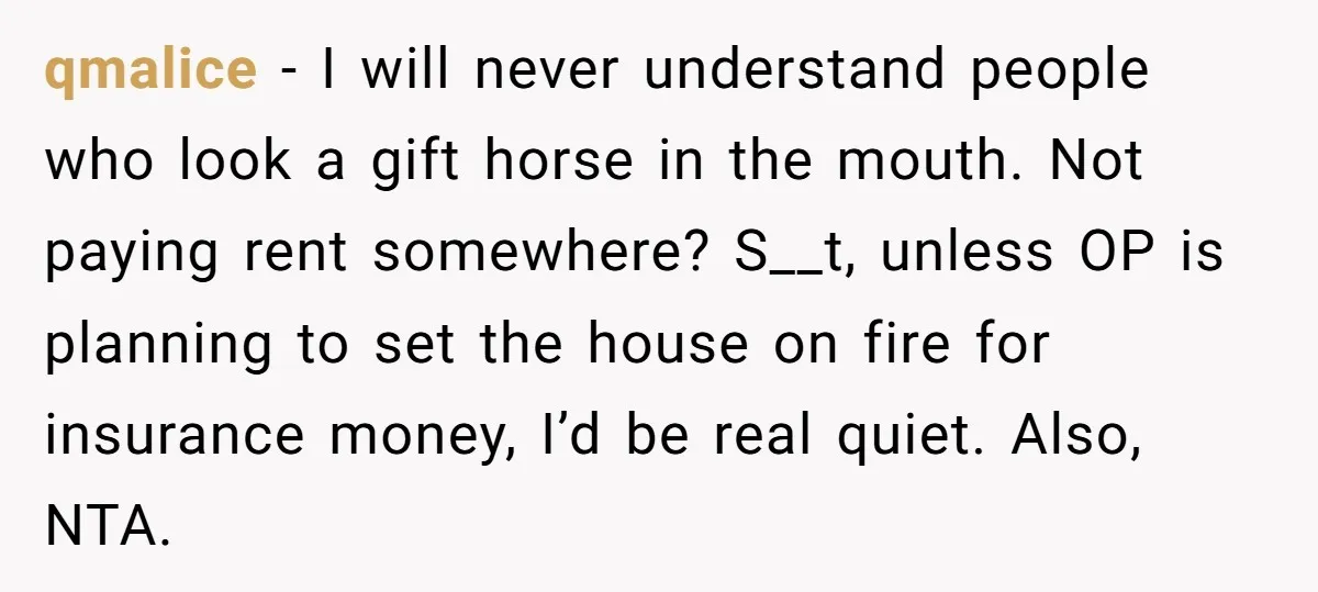 qmalice − I will never understand people who look a gift horse in the mouth. Not paying rent somewhere? S__t, unless OP is planning to set the house on fire...