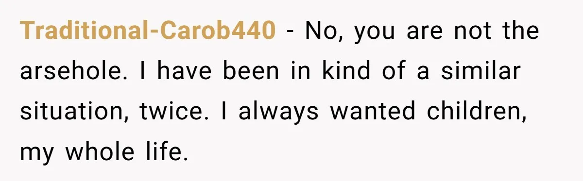 Traditional-Carob440 − No, you are not the arsehole. I have been in kind of a similar situation, twice. I always wanted children, my whole life.