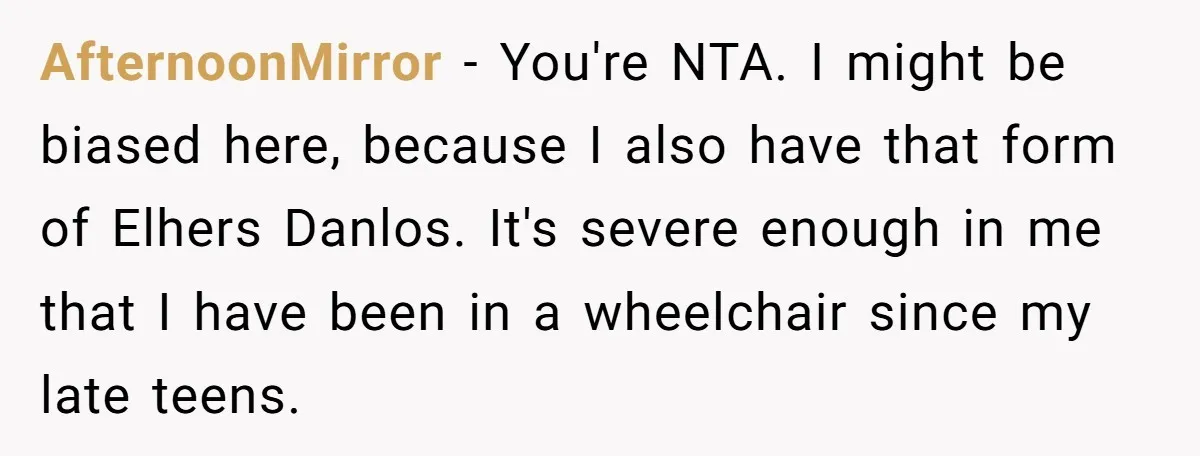 AfternoonMirror − You're NTA. I might be biased here, because I also have that form of Elhers Danlos. It's severe enough in me that I have been in a wheelchair...