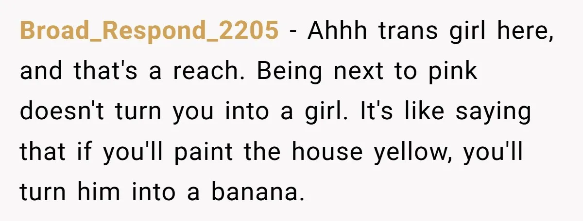 Broad_Respond_2205 − Ahhh trans girl here, and that's a reach. Being next to pink doesn't turn you into a girl. It's like saying that if you'll paint the house yellow,...