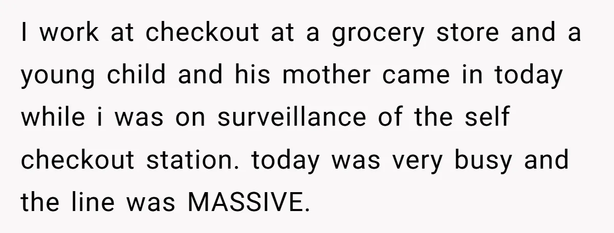I work at checkout at a grocery store and a young child and his mother came in today while i was on surveillance of the self checkout station. today was...