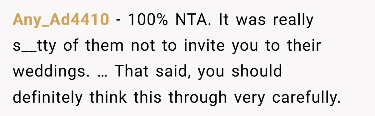 Any_Ad4410 − 100% NTA. It was really s__tty of them not to invite you to their weddings. … That said, you should definitely think this through very carefully.