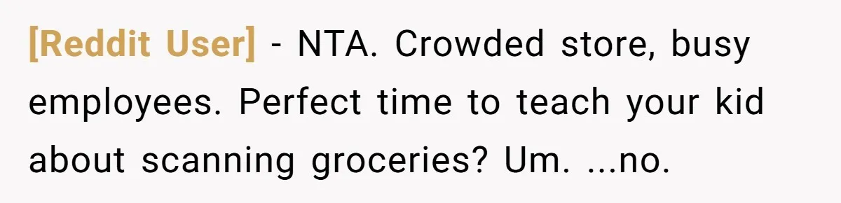 [Reddit User] − NTA. Crowded store, busy employees. Perfect time to teach your kid about scanning groceries? Um. ...no.