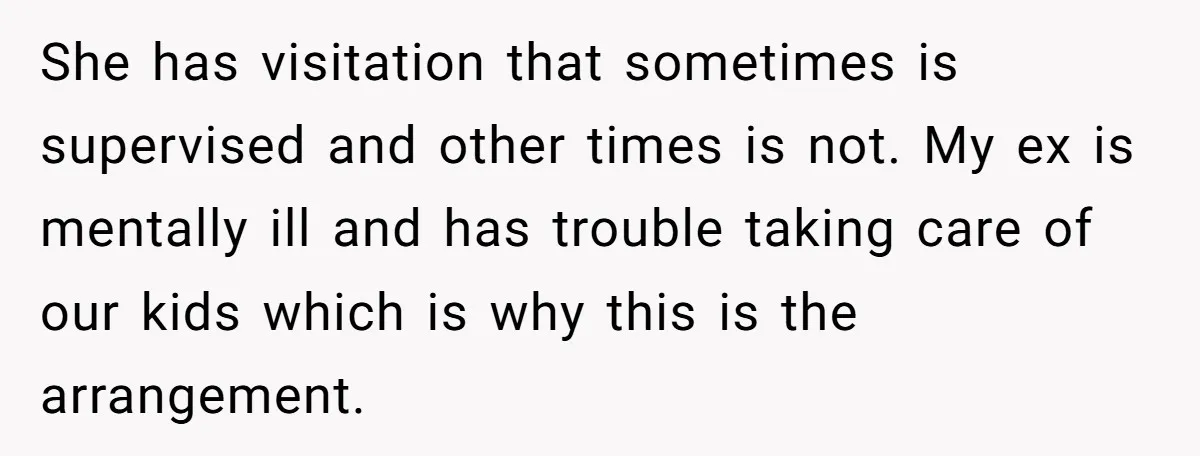 She has visitation that sometimes is supervised and other times is not. My ex is mentally ill and has trouble taking care of our kids which is why this is...